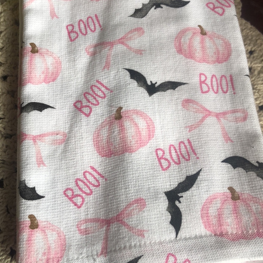 Pink Pumpkin & Bat Print Halloween BOO Kitchen Towels - Picture 2 of 6